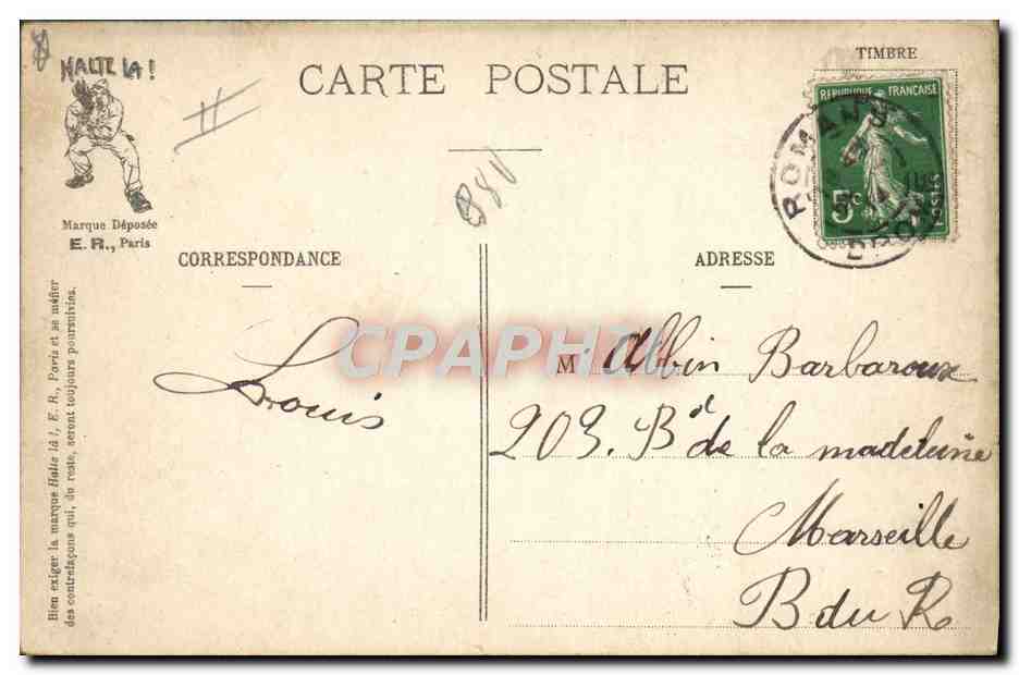Sergent de semaine — La visite ! — E.R., Paris, Modèle déposé n° 894 — Verso