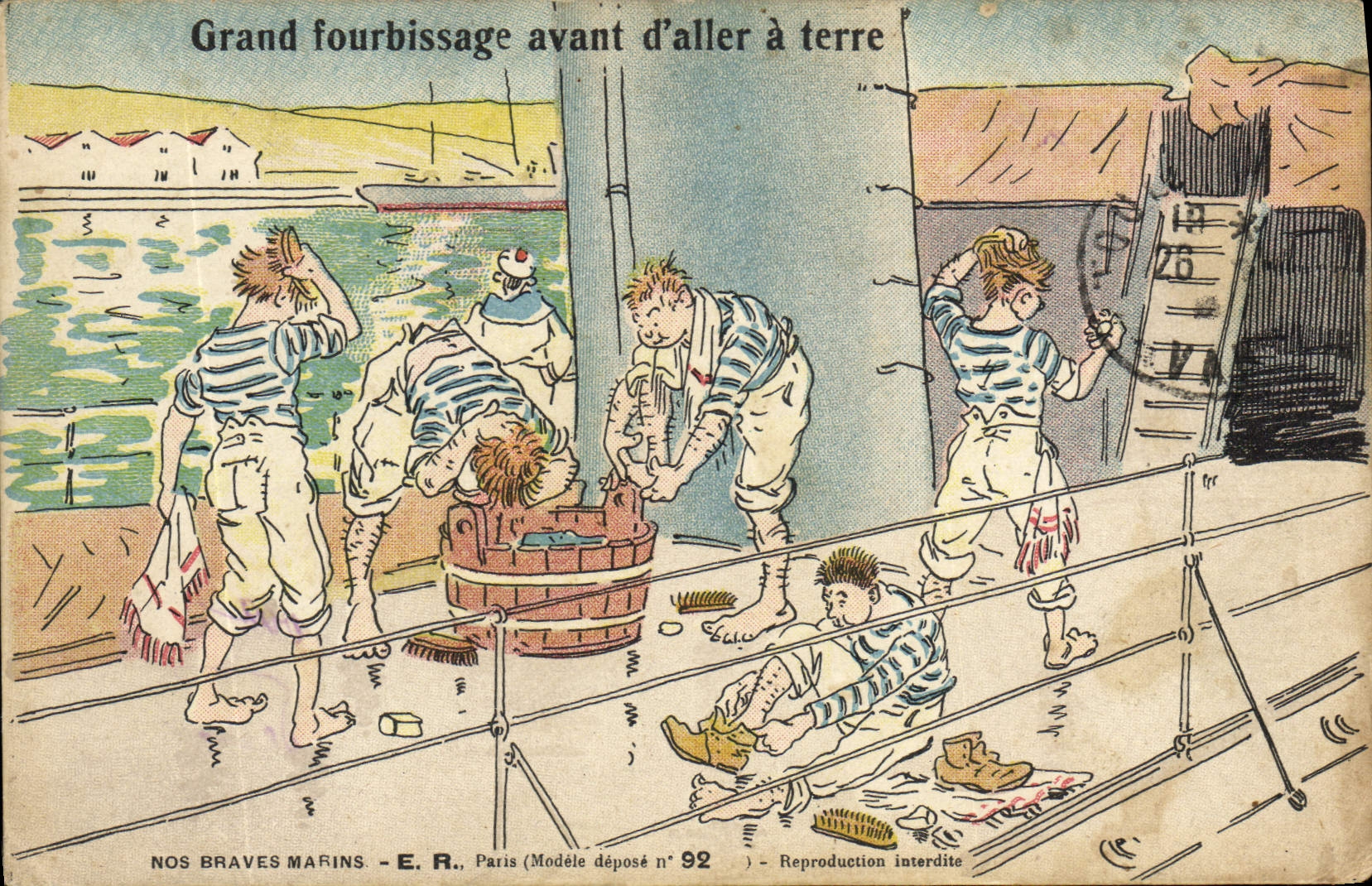 Marins en train de se préparer à débarquer — Nos Bravos Marins — E. R., Paris (Modèle déposé n° 92)