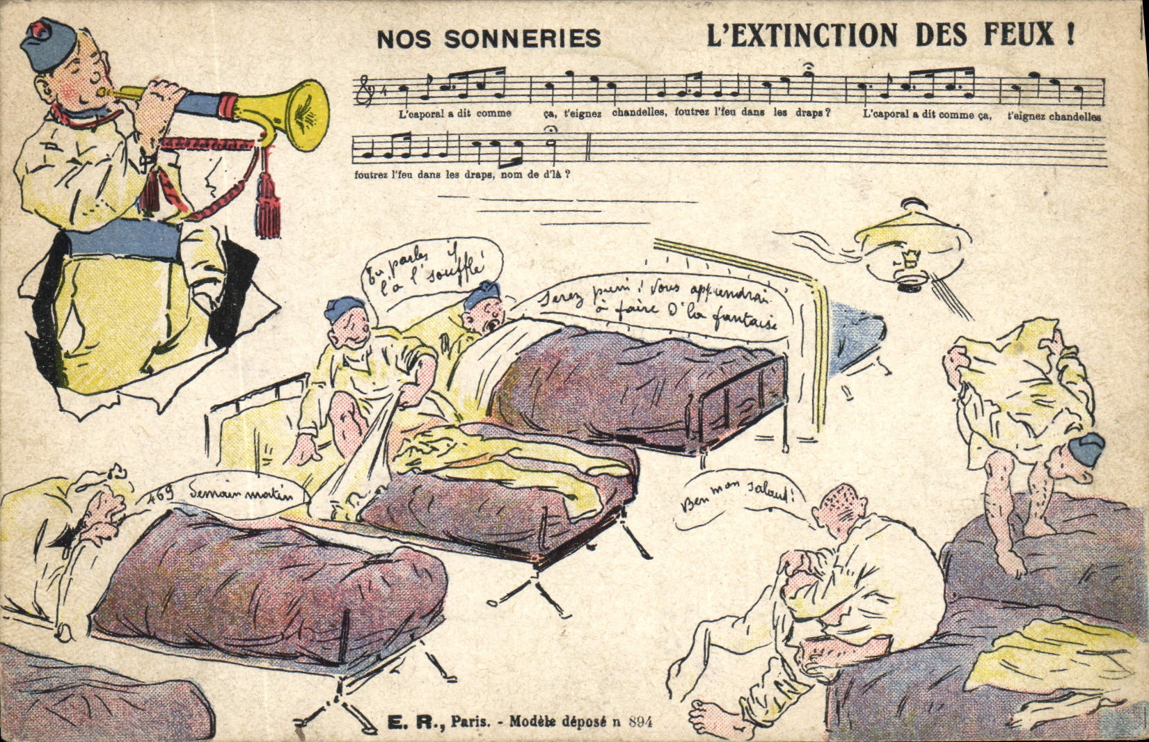 Soldats en train de s'endormir — Nos Sonneries : L'Extinction des Feux ! — E.R., Paris, Modèle déposé n° 894