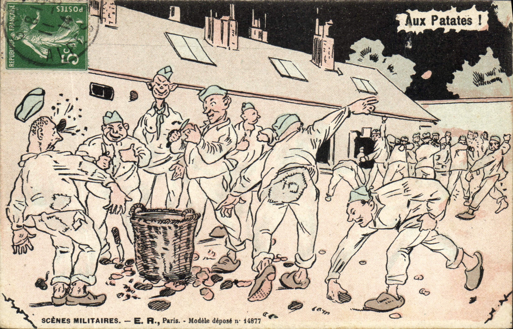 Scènes Militaires — Soldats cueillant des pommes de terre — E.R., Paris, Modèle déposé n°14877