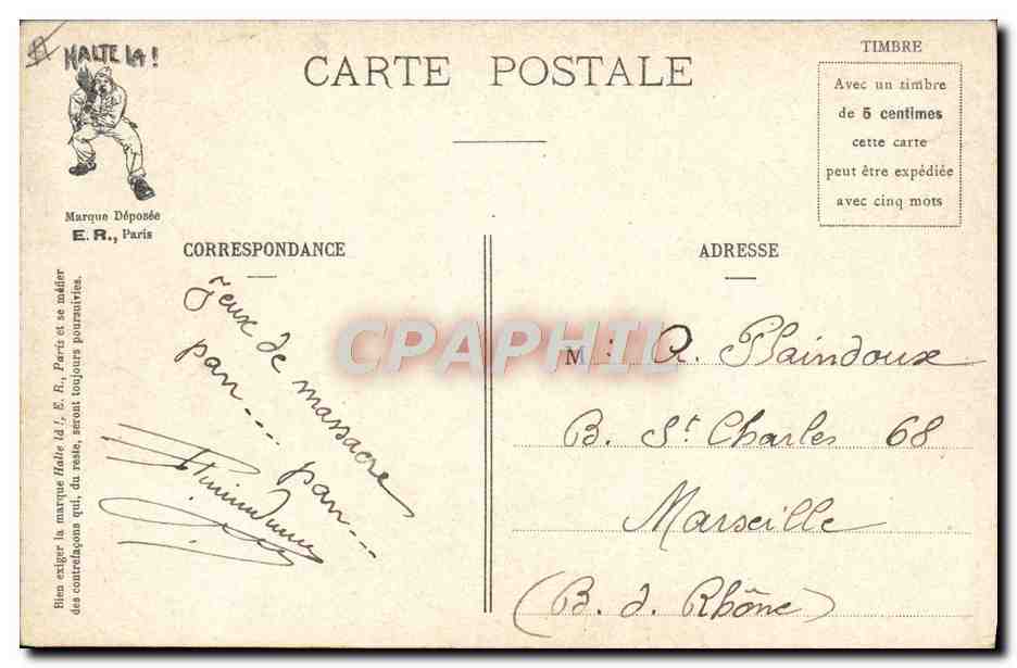 Scènes Militaires — Soldats cueillant des pommes de terre — E.R., Paris, Modèle déposé n°14877 — Reverso