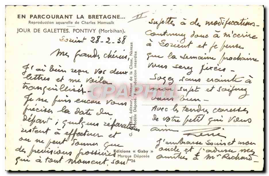 CPA Folklore Charles Homualk Jour de galettes Pontivy Morbihan — Rückseite
