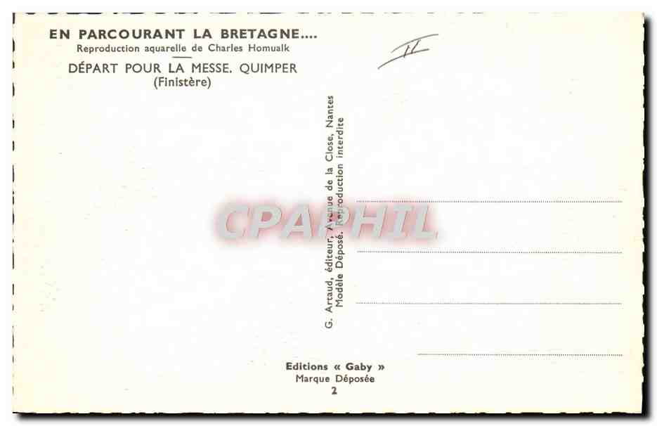 CPA Folklore Charles Homualk Depart pour la messe Quimper  — Rückseite