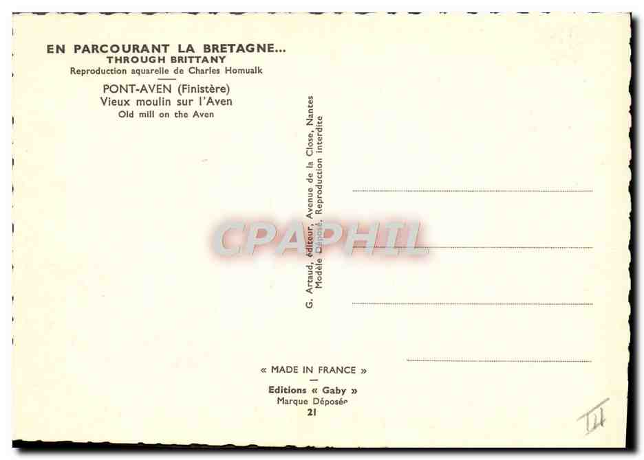 CPA Folklore Charles Homualk Pont-Aven Vieux moulin sur l'Aven  — Verso