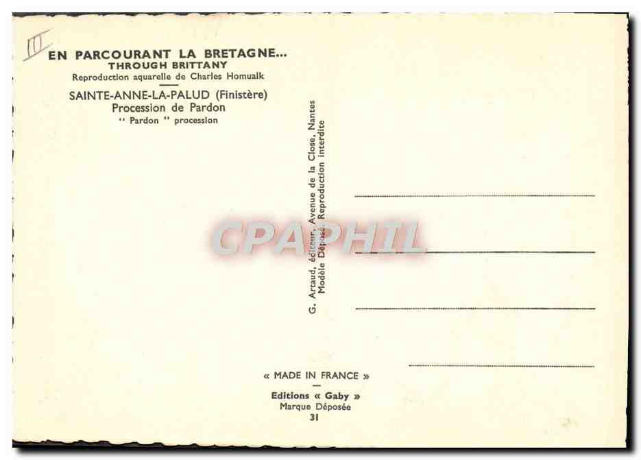 CPA Folklore Charles Homualk Sainte Anne La Palud Procession de pardon — Verso