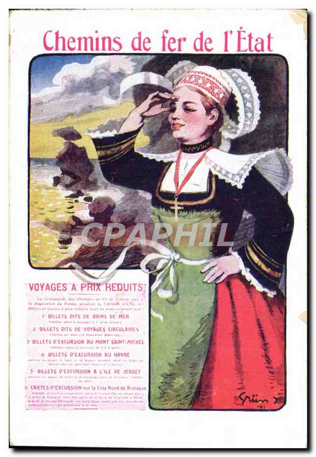 Femme en costume breton — publicité pour les Chemins de fer de l'État — éditeur Grégoire, n° 1