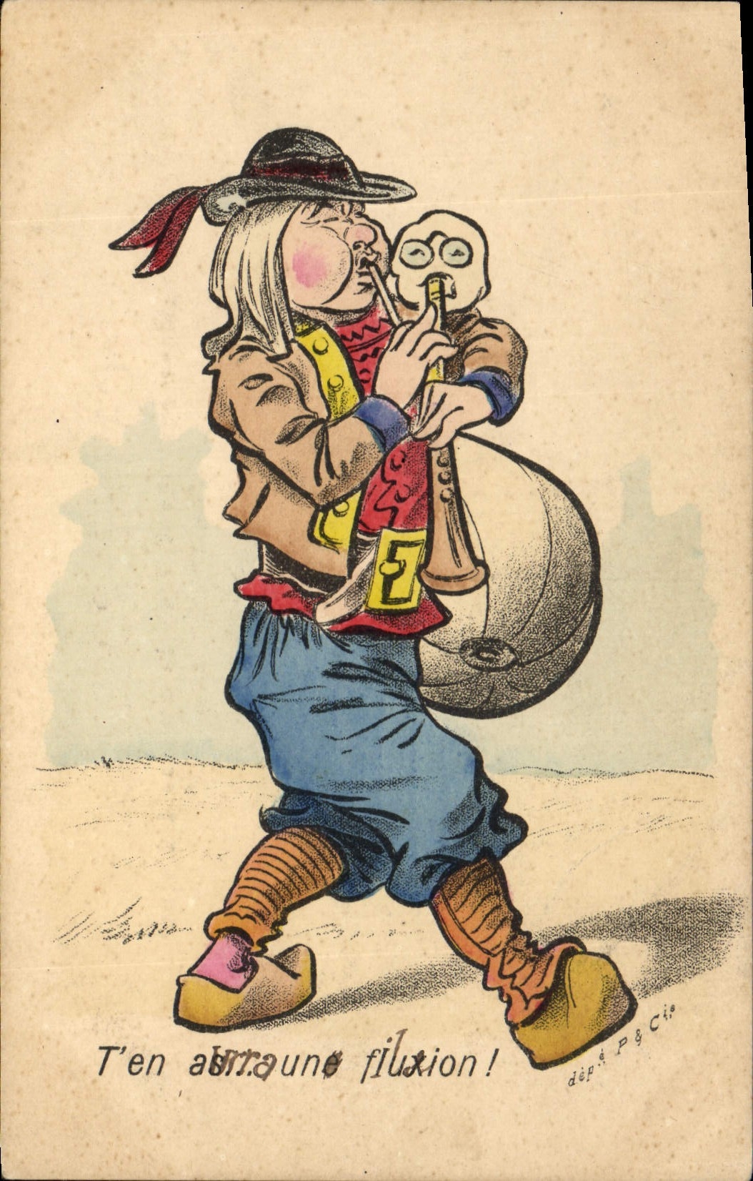 Caricature d'un homme avec un squelette — éditeur Dépôt P. & Cie, n° 7