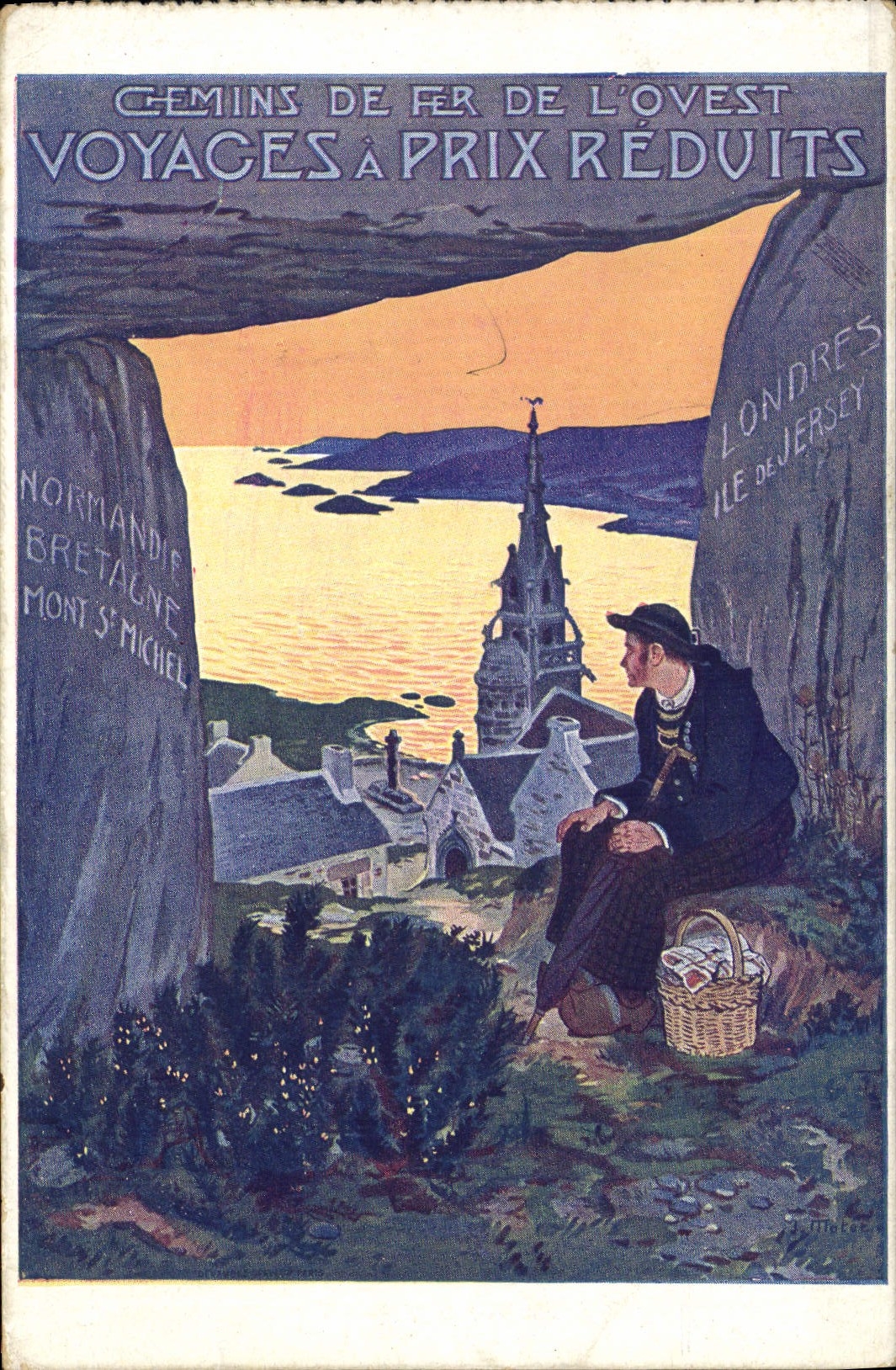 CPA Folklore Chemins de fer de l'Ouest Normandie Bretagne Mont Saint Michel Londres Ile de Jersey Train