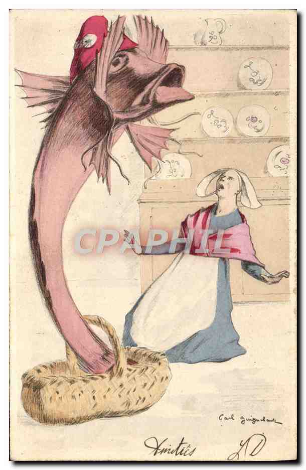Pezca gigante y mujer sorprendida — dibujo de Paul Guiguedel — edición de Kristies, n° 40