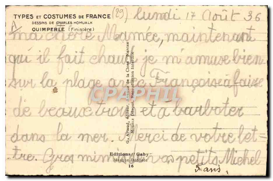 CPA Folklore Charles Homualk Quimperle — Verso