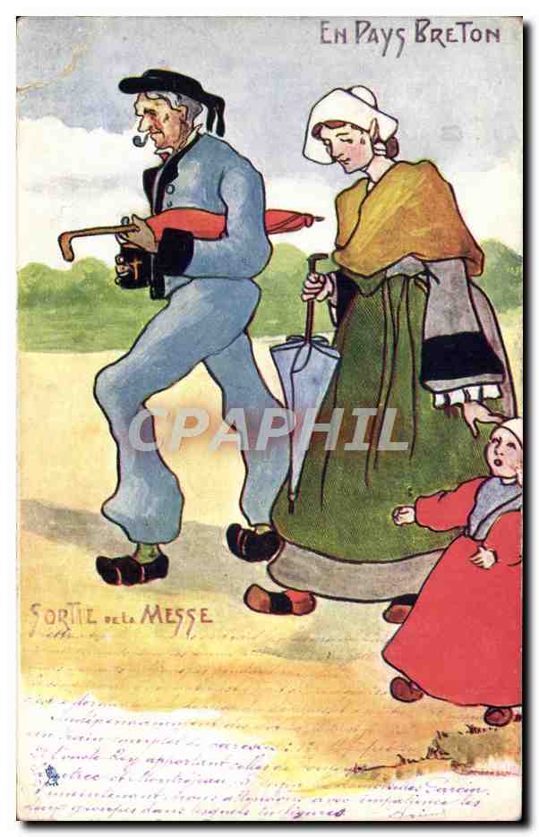 CPA Folklore En pays breton Sortie de la messe