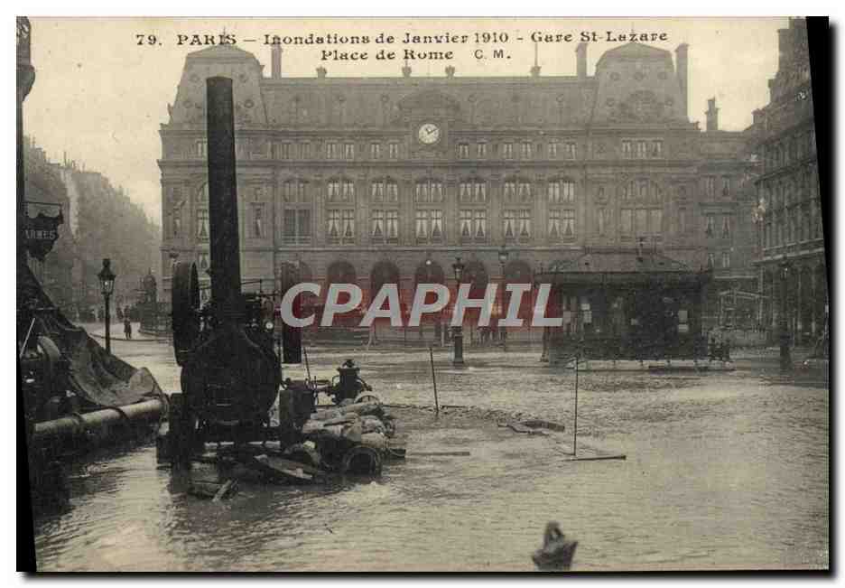 Inondations de Janvier 1910 - Gare St-Lazare, Place de Rome — C.M.
