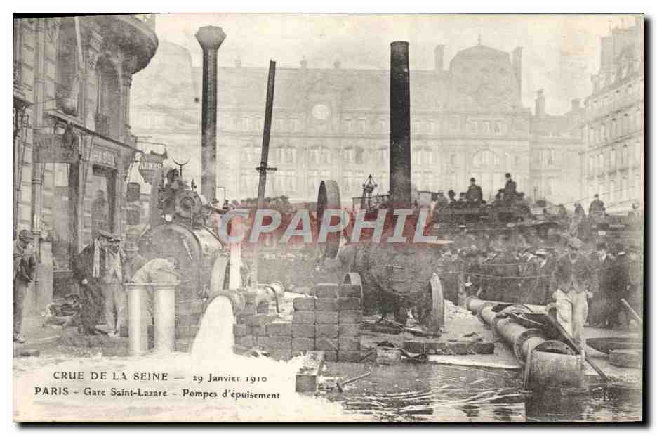 CPA Paris Crue de la Seine 29 janvier 1910 Gare Saint-Lazare Pompes d'epuisement
