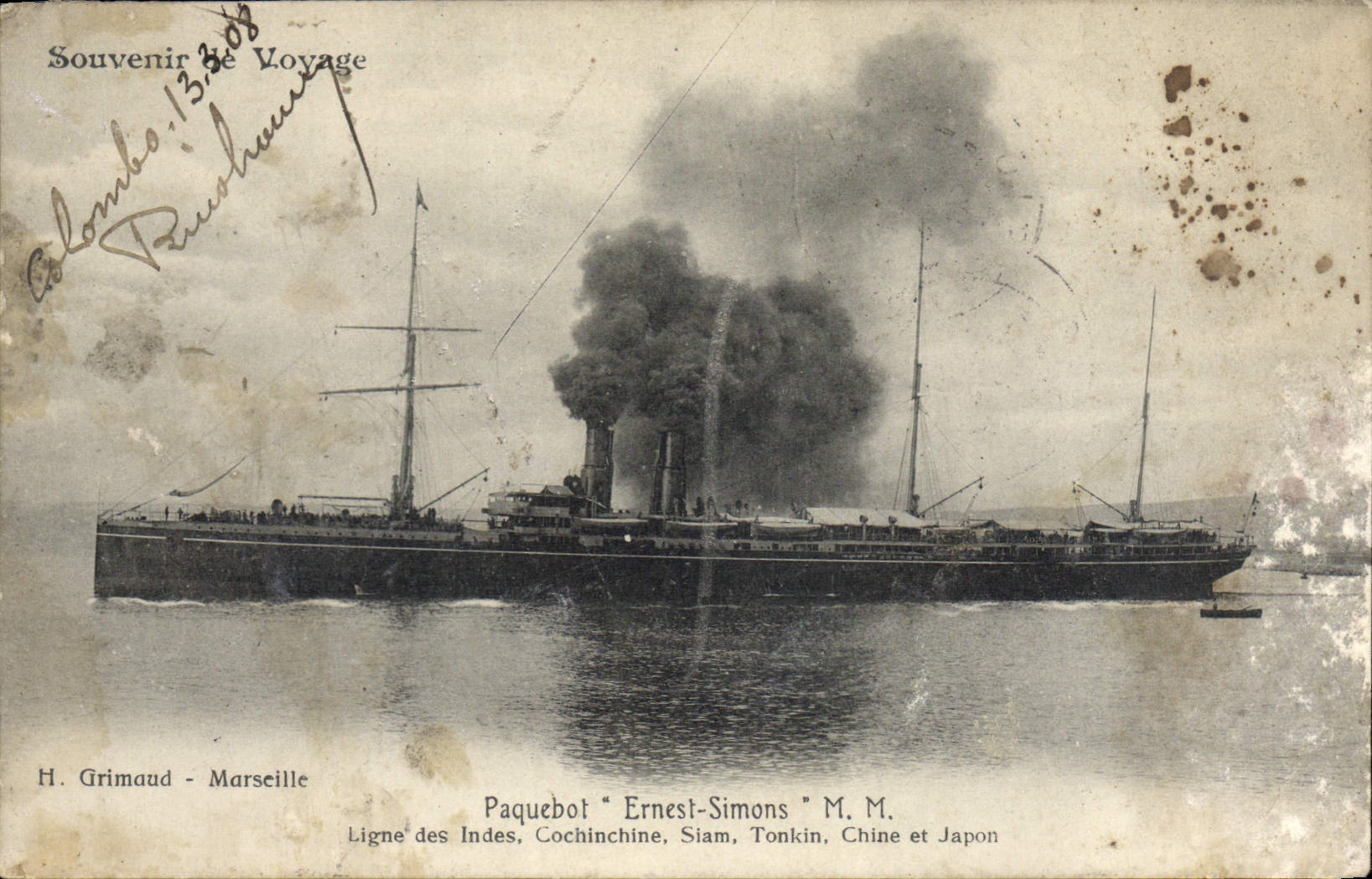 Paquebot "Ernest-Simons" — Ligne des Indes, Cochinchine, Siam, Tonkin, Chine et Japon — H. Grimaud - Marseille