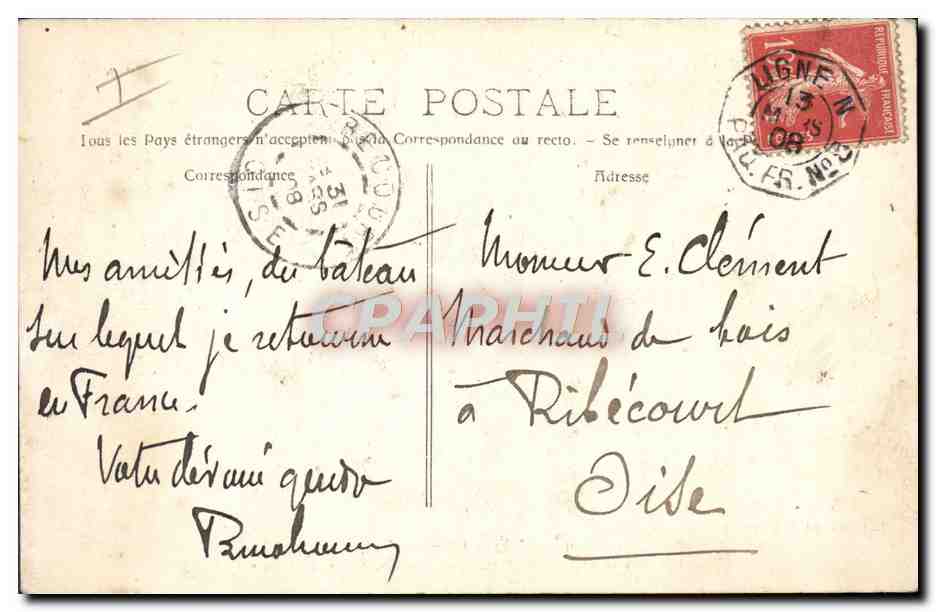 Paquebot "Ernest-Simons" — Ligne des Indes, Cochinchine, Siam, Tonkin, Chine et Japon — H. Grimaud - Marseille — Verso