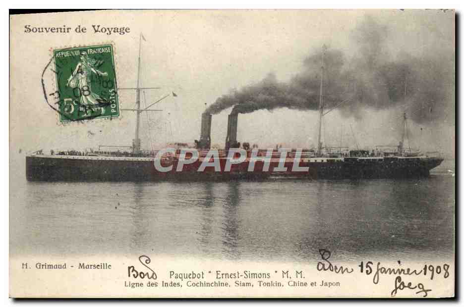 Paquebot "Ernest-Simons" — Ligne des Indes, Cochinchine, Siam, Tonkin, Chine et Japon — H. Grimaud - Marseille