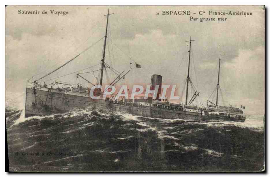 Navire en mer agitée — Espagne, France-Amérique, par grosse mer — R. Grimaud & Cie, Marseille