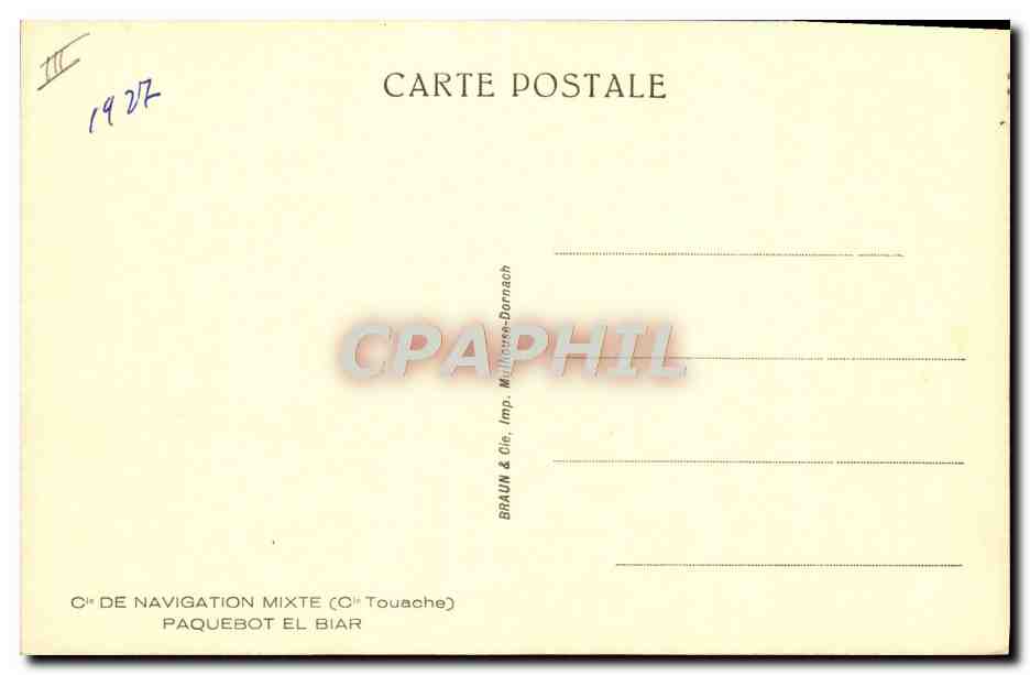 Paquebot El Biar — Cie de Navigation Mixte (Cie Touache) — Verso