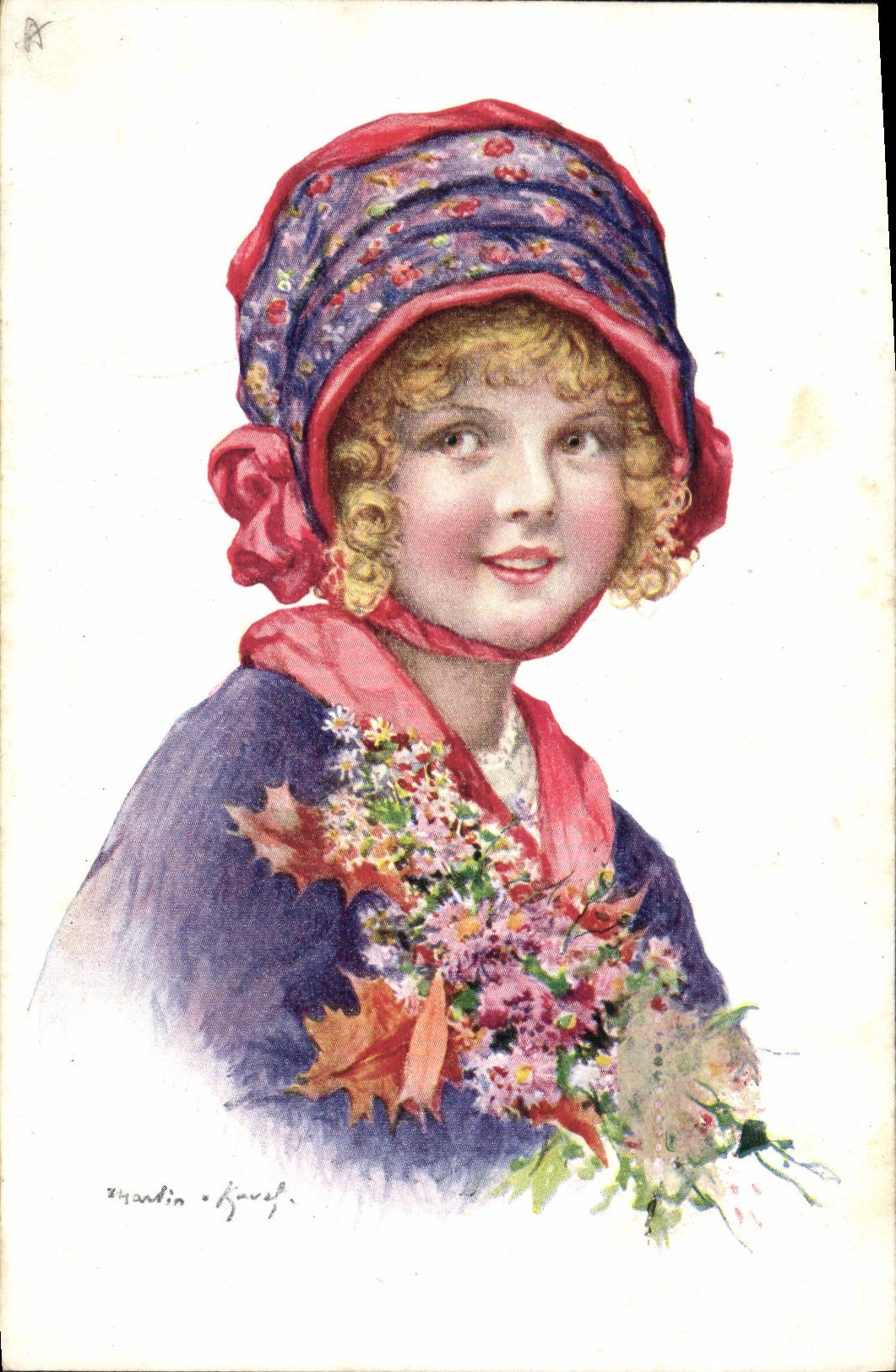Jeune fille en bonnet à fleurs — bouquet d'automne — signé 'Mandin-Javel'