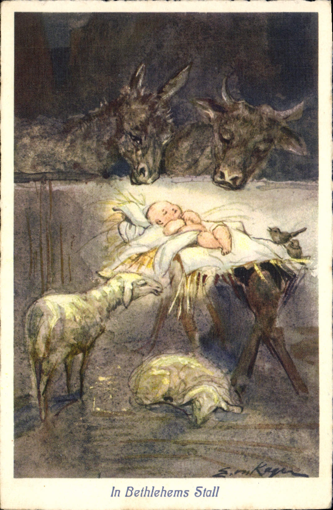 CPA Fantaisie Illustrateur Bethlemn Christ Agneau Vache 