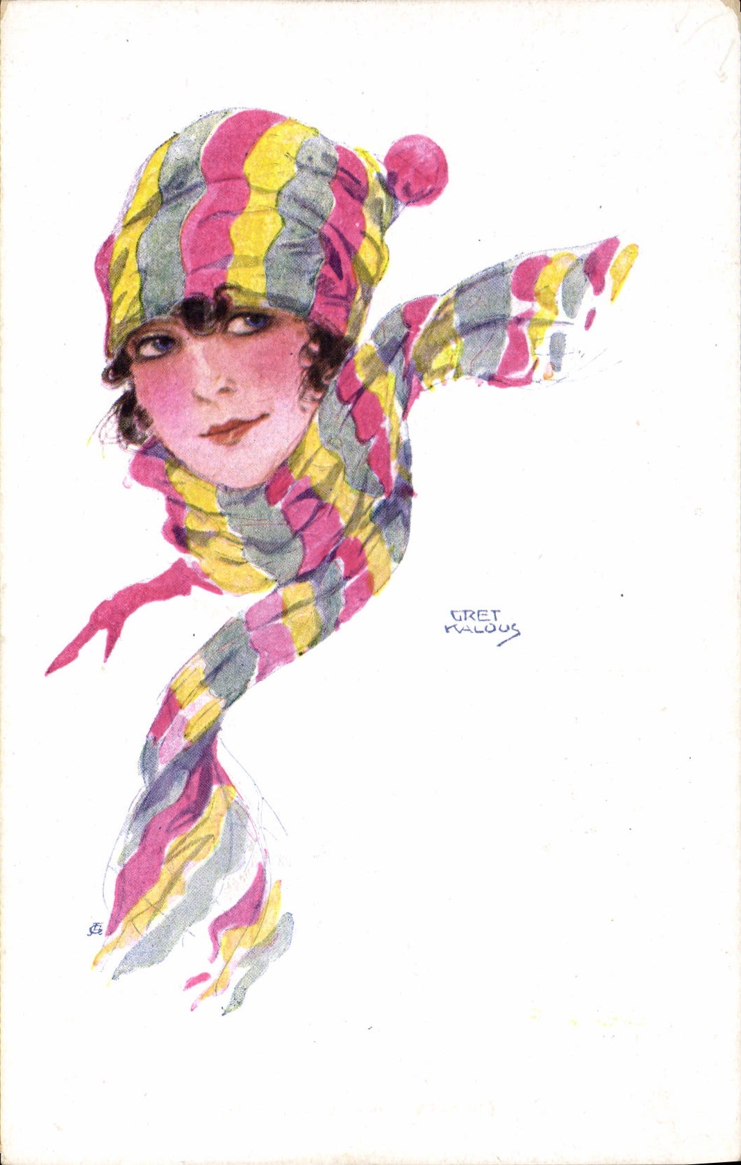 Junge Frau in farbigem Hut und Schal — Illustration von Gret Palous — Verlag Parisionphot, Wien (Österreich), Nr. 22-191