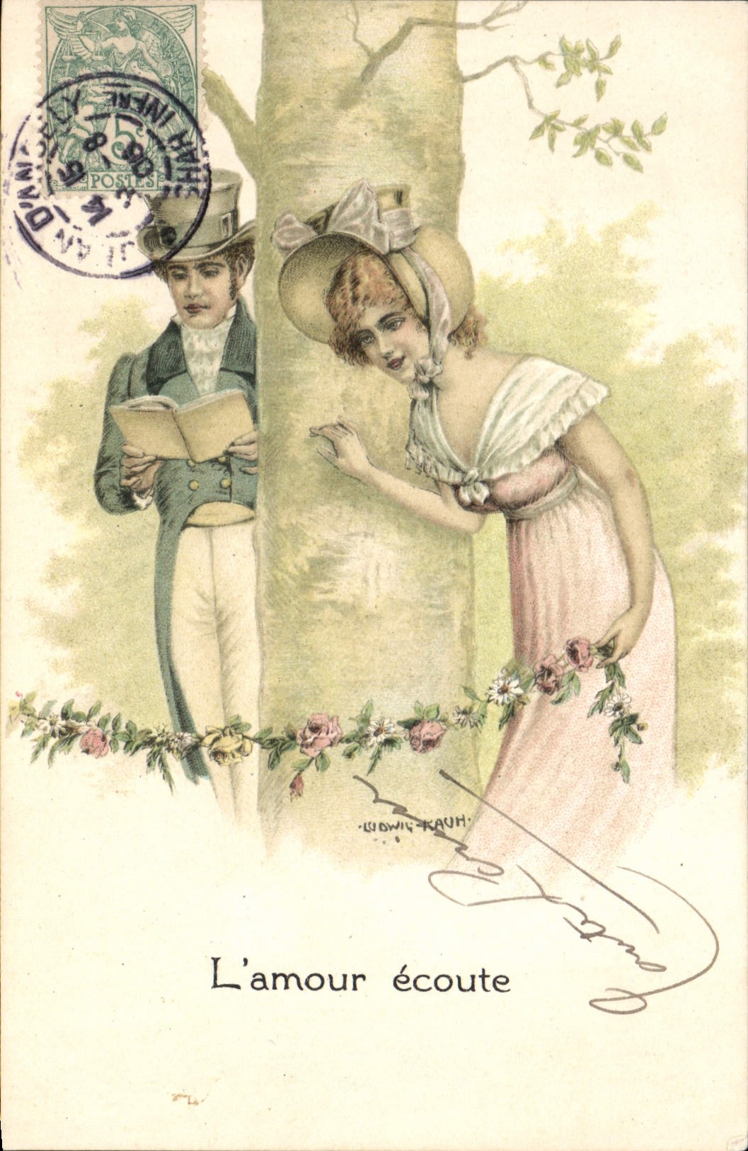 CPA Fantaisie Illustrateur Femme l'amour ecoute 
