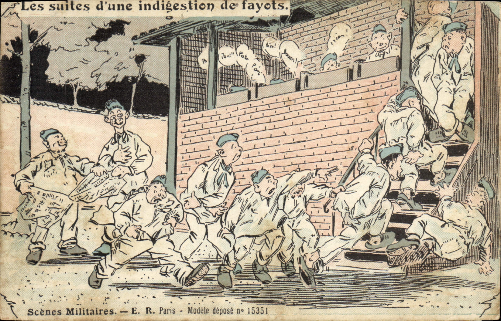 Scènes Militaires — Les suites d'une indigestion de fayots — E. R. Paris — Modèle déposé n° 15351