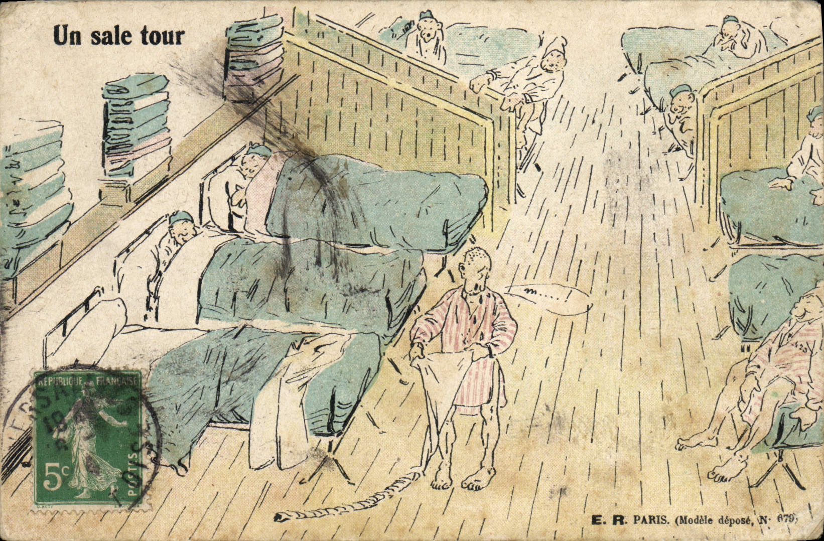 Un sale tour — scène de camp militaire — E.R. PARIS, Modèle déposé, N° 678