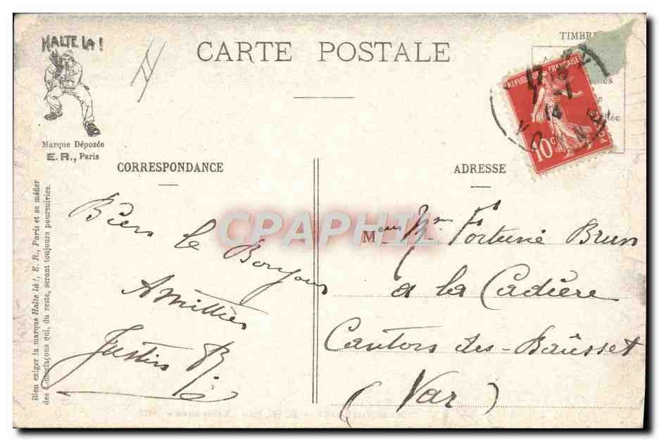 Scènes militaires — Aux Polochons !! — E. R., Paris, Modèle déposé n° 14877 — Verso