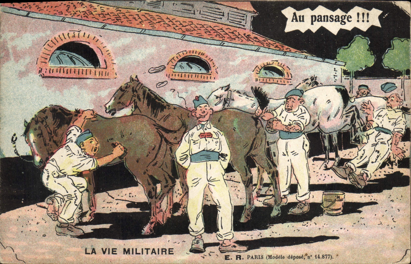 Pansage des chevaux — La vie militaire — E.R. PARIS (Modèle déposé, n° 14.877)