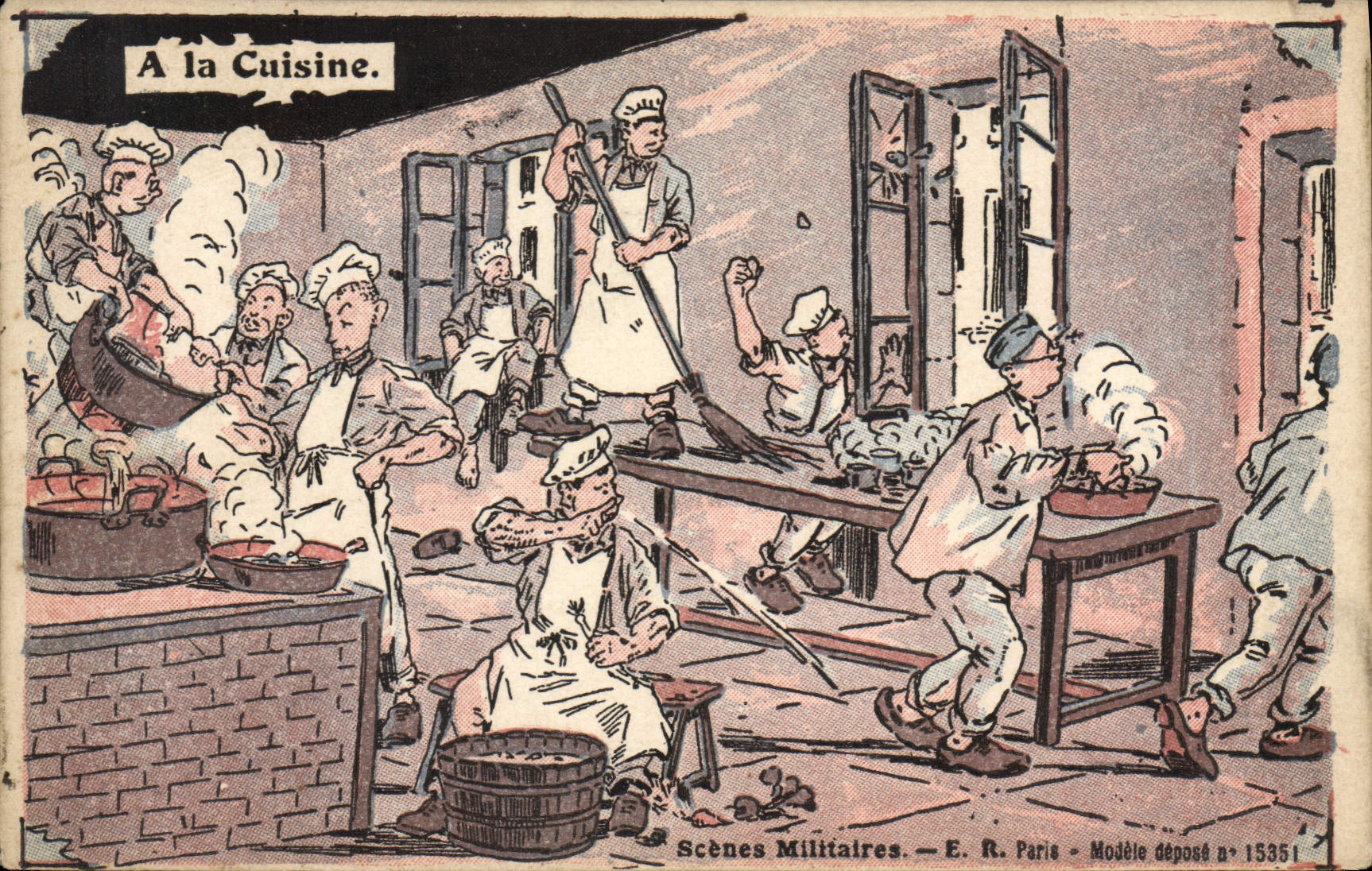 A la Cuisine — Scènes Militaires — E. R. Paris — Modèle déposé n° 15351