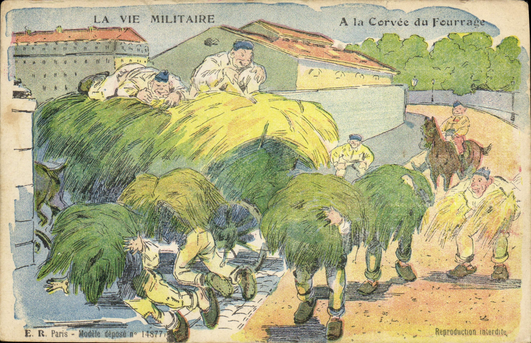 La Vie Militaire — A la Corvée du Fourrage — E.R. Paris, Modèle déposé n° 14877 - Anverso