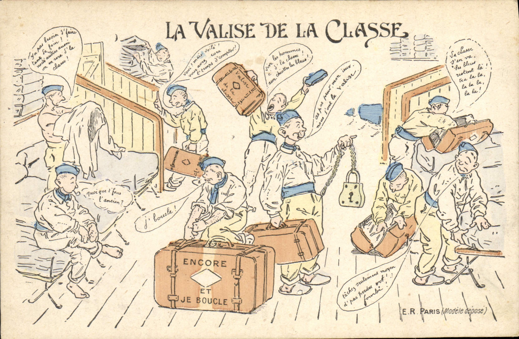 La Valise de la Classe — caricature de soldats en train de boucler leurs bagages — E.R. Paris (Modèle déposé)