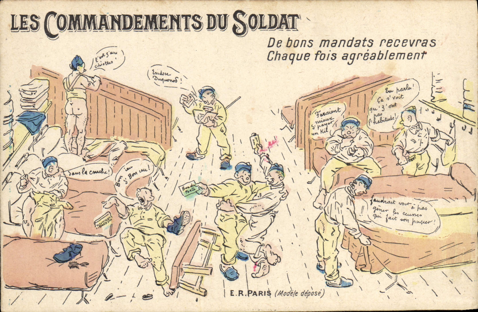 Les Commandements du Soldat — caricature militaire — E.R. Paris (Modèle déposé)