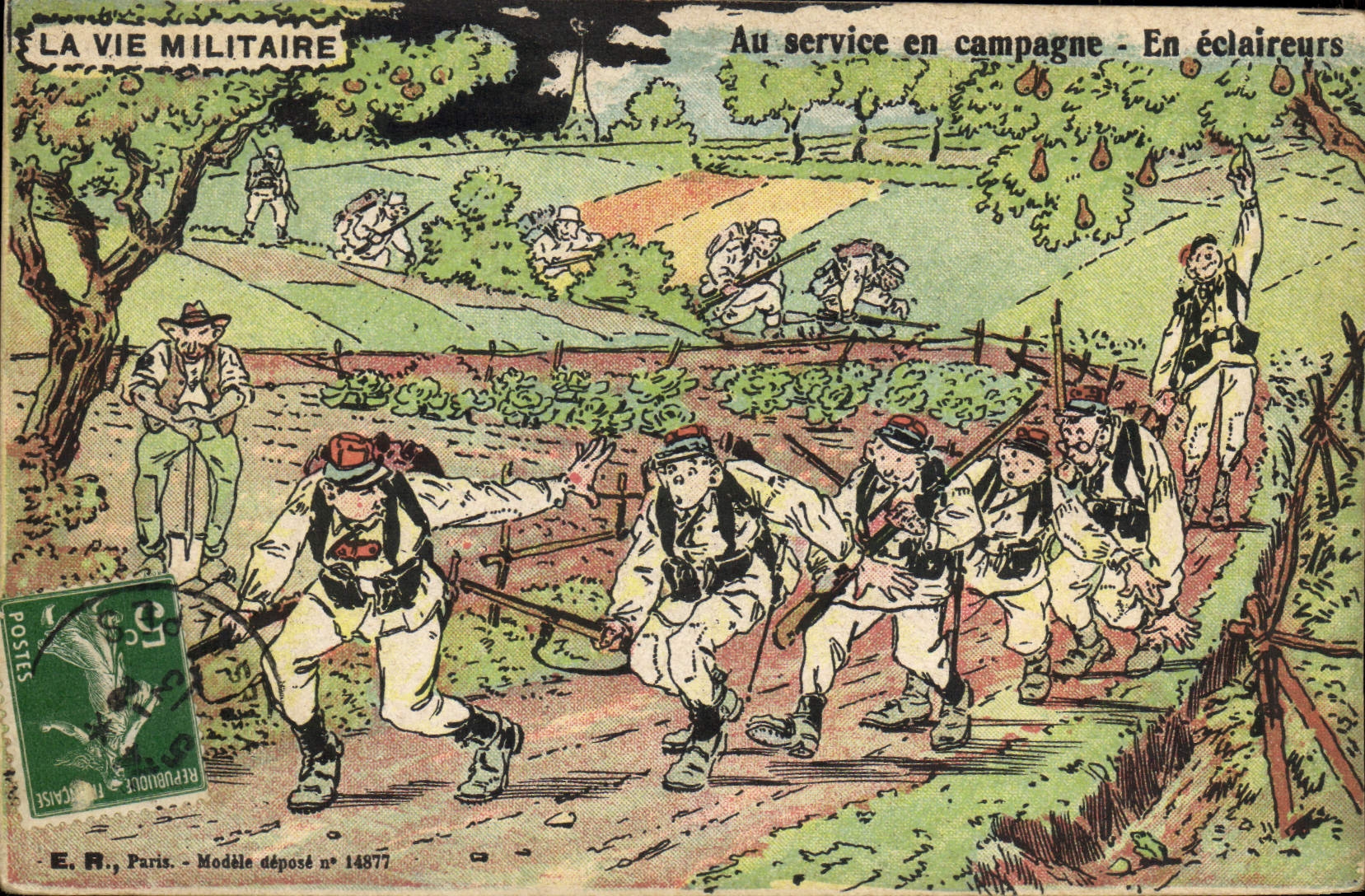 En éclaireurs — Au service en campagne — E.R., Paris, Modèle déposé n° 14877