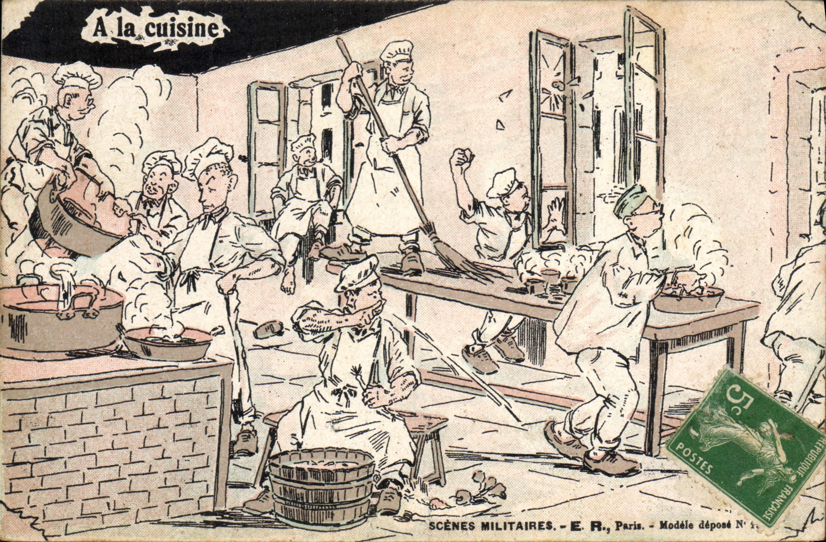 A la cuisine — Scènes militaires — E.R., Paris — Modèle déposé N° 1