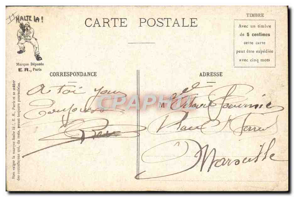 A la cuisine — Scènes militaires — E.R., Paris — Modèle déposé N° 1 — Verso