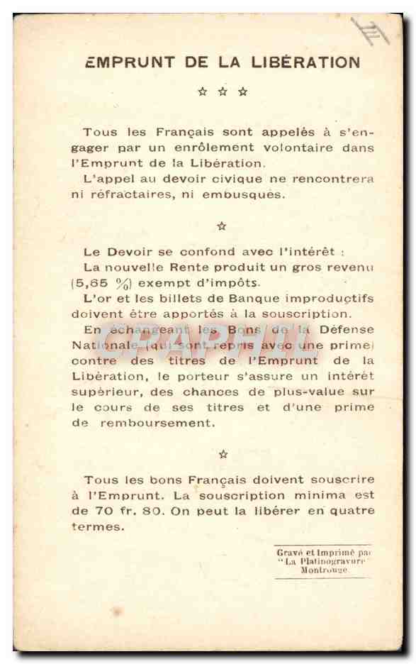 CPA Militaria Emprunt de la liberation General Mangin — Rückseite