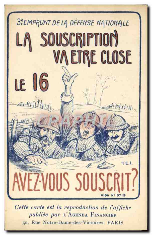 CPA Militaria Souscription 3eme emprunt de la defense nationale