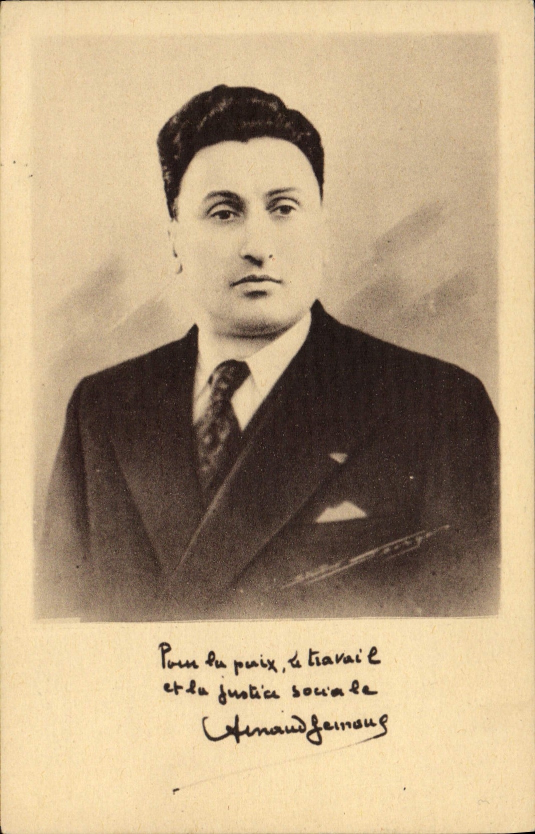 Portrait d'Almaud Jeinoung — Pour la paix, le travail et la justice sociale — éditeur non identifié