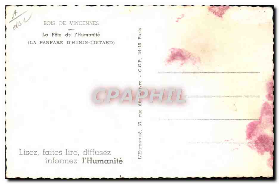 CPA Bois de Vincennes La Fete de l'Humanite La fanfare D'Henin Lietard Communiste — Rückseite