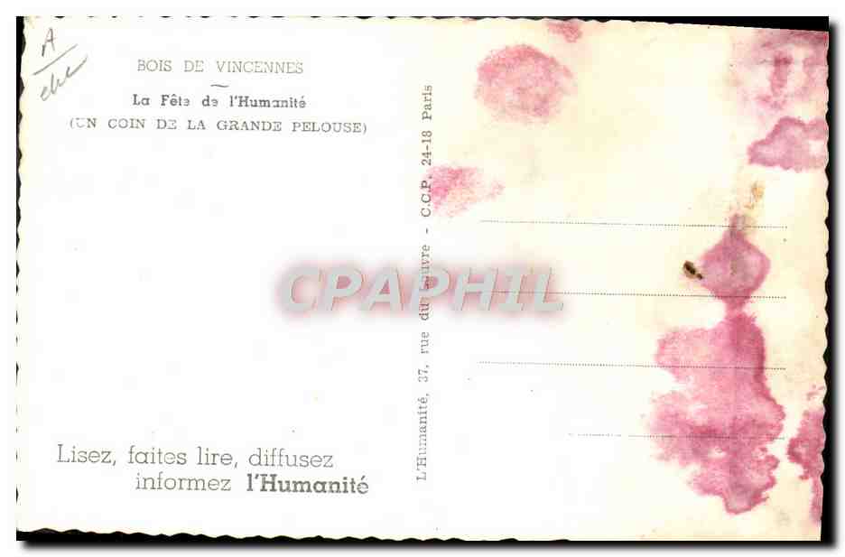 Festival der Menschheit — Wald von Vincennes — veröffentlicht von L'Humanité — Rückseite