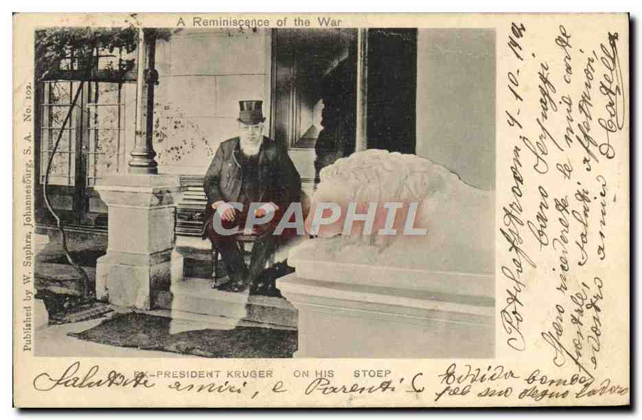 Ex-Président Kruger sur son stoep — Johannesburg, S.A. — Éditeur W. Saphra, N° 102