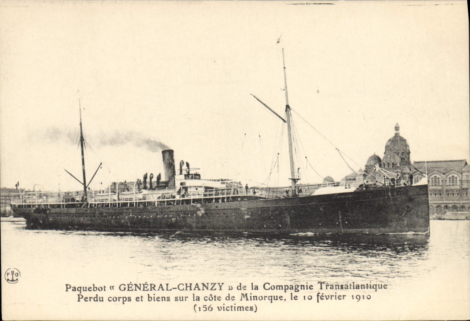 Buque « GÉNÉRAL-CHANZY » — naufragio en la costa de Menorca, 10 de febrero de 1910 — editor F.G. (F.G. a la izquierda)