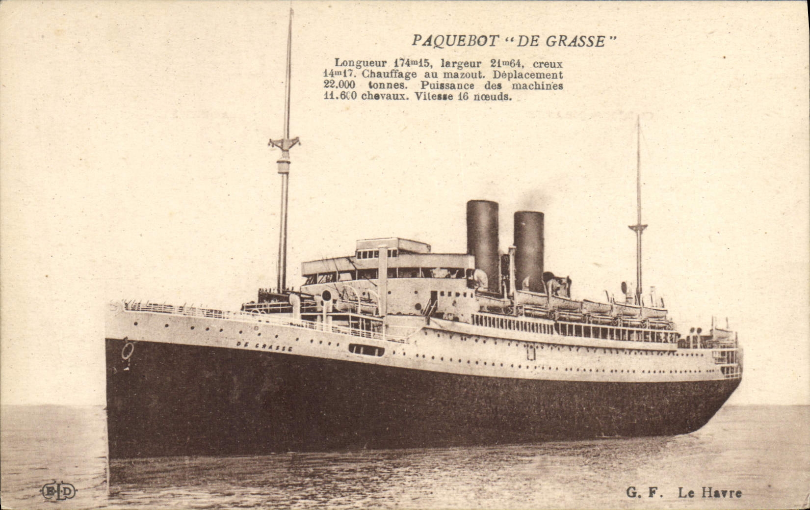 Transatlántico "De Grasse" — características técnicas — G. F. Le Havre - Anverso
