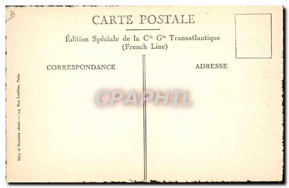 S/S "de GRASSE" — Cabine extérieure à 1 lit — Édition Spéciale de la Cie Gie Transatlantique — Verso