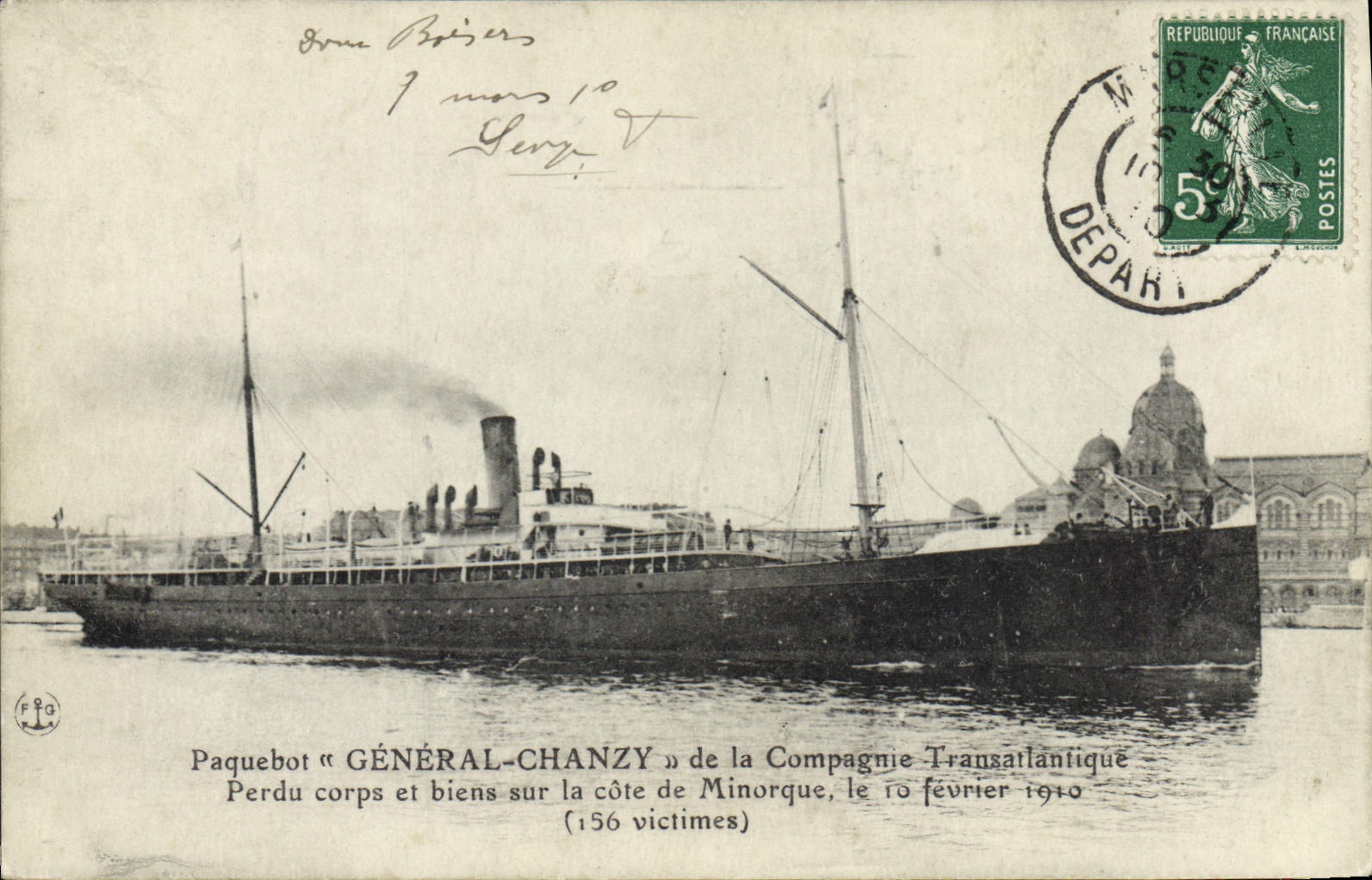 Transatlántico « GÉNÉRAL-CHANZY » de la Compagnie Transatlantique — naufragio en la costa de Menorca, 10 de febrero de 1910 — editor F.P.A.