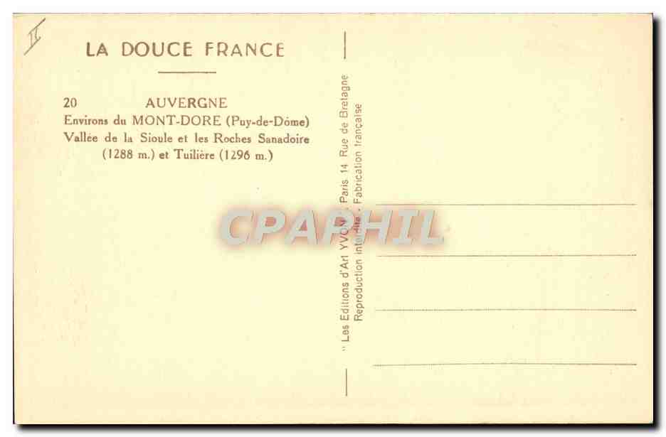 CPA Chevre Environs du Mont Dore Vallee de la Sioule et les Roches Sanadoire et Tuiliere  — Rückseite