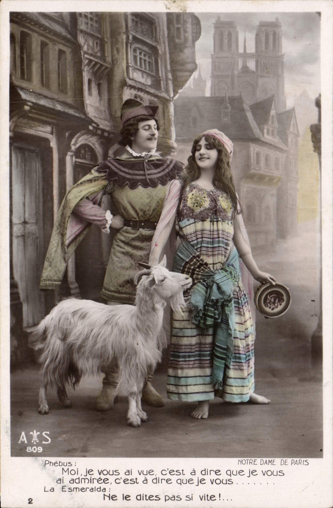 Notre Dame de Paris — scène de théâtre avec Phébus et Esmeralda — éditeur A&S, n° 809