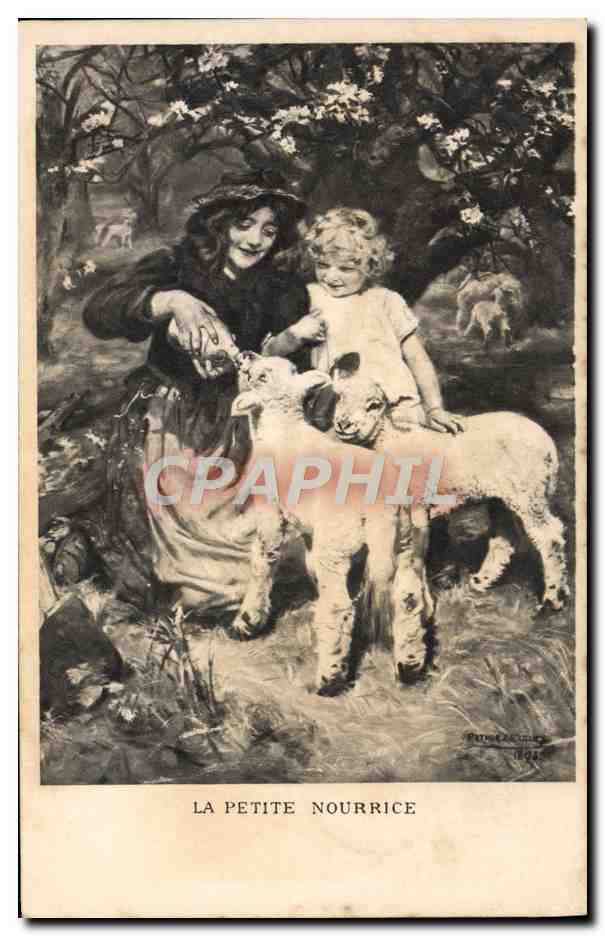 La petite nourrice — scène pastorale avec femme et enfant nourrissant un agneau — éditeur Petit & Cie, n° 104
